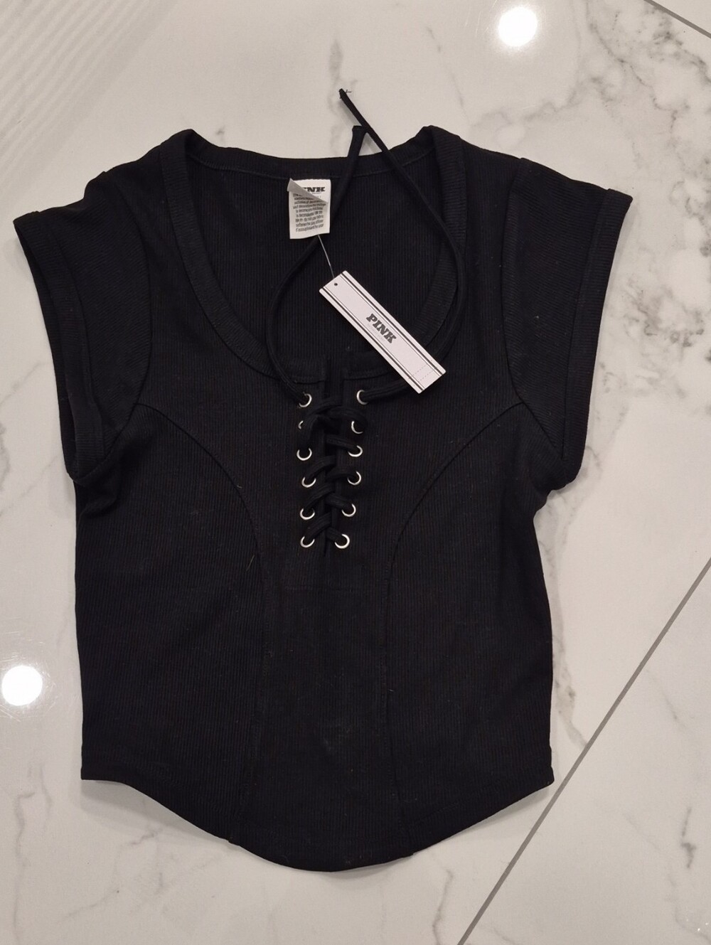 PINK Victoria's Secret Black Ribbed Lace-Up Short Sleeve Top
